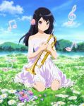  1girl artist_request bare_shoulders beamed_quavers black_hair blurry blush clouds cloudy_sky depth_of_field dress field flower flower_field glass_slipper hair_flower hair_ornament hibike!_euphonium highres instrument kousaka_reina lake long_hair musical_note official_art quaver shoes_removed sitting sky smile solo treble_clef trumpet violet_eyes wariza white_dress 