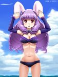  1girl :&lt; animal_ears awa bangs bikini blunt_bangs breasts chuchu_(show_by_rock!!) cleavage copyright_name detached_collar detached_sleeves drill_hair long_hair midriff navel purple_hair rabbit_ears show_by_rock!! solo swimsuit touching_ears under_boob violet_eyes 