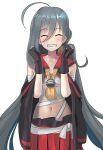  1girl ahoge alternate_costume ao_iro bare_shoulders blush budget_sarashi clenched_hands cosplay eyebrows_visible_through_hair gloves grey_hair hair_over_one_eye highres kantai_collection kiyoshimo_(kantai_collection) long_hair low_twintails midriff musashi_(kantai_collection) musashi_(kantai_collection)_(cosplay) navel sarashi simple_background smile solo twintails very_long_hair 