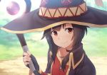  1girl bangs brown_hair choker closed_mouth coat collarbone dacchi dress fingerless_gloves gloves hat highres holding holding_staff kono_subarashii_sekai_ni_shukufuku_wo! long_sleeves looking_at_viewer megumin red_eyes short_hair smile solo staff upper_body witch_hat 