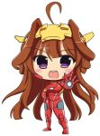  1girl ahoge aiming_at_viewer brown_hair captain_america_civil_war chibi cosplay full_body headgear iron_man iron_man_(cosplay) kantai_collection kongou_(kantai_collection) marvel open_mouth power_armor setia_pradipta smile solo violet_eyes 