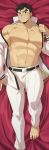  1boy abs absurdres barefoot bed_sheet belt black_hair blush collarbone dakimakura highres looking_at_viewer lying male_focus military military_uniform muscle navel off_shoulder on_back original parted_lips pectorals re:ar ryanpei short_hair solo sweat thick_eyebrows toes tonogawachi_tatsuomi uniform 