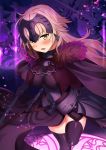  1girl armor bangs black_legwear blonde_hair blush breasts cleavage cloak eyebrows_visible_through_hair fate/grand_order fate_(series) fur_trim headpiece highres holding impossible_clothes jeanne_alter kawai_(purplrpouni) knee_up large_breasts long_hair looking_at_viewer open_mouth original ruler_(fate/apocrypha) sheath sheathed solo standing standing_on_one_leg sword teeth thigh-highs weapon yellow_eyes 