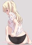  1girl ass barefoot black_panties blonde_hair blush breasts covering covering_breasts dated grey_background kichihachi large_breasts long_hair looking_at_viewer looking_back open_mouth panties red_eyes see-through_silhouette shirt shirt_tug signature simple_background sitting solo tokyo_7th_sisters twitter_username two_side_up uesugi_u_kyouko underwear wet wet_clothes wet_shirt white_shirt 
