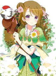  1girl bird brown_hair chicken flower hair_flower hair_ornament highres japanese_clothes koizumi_hanayo love_live! love_live!_school_idol_festival love_live!_school_idol_project orange_hair ryoutan short_hair violet_eyes 