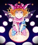  1girl american_flag_dress american_flag_legwear blonde_hair clownpiece fairy fairy_wings full_body hat highres moon moonywitcher pink_eyes short_hair smile solo touhou wings 