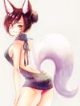 1girl ahri alternate_hairstyle animal_ears ass back backless_outfit bare_shoulders black_hair breasts dress facial_mark fox_ears fox_tail halterneck large_breasts league_of_legends long_hair looking_at_viewer looking_to_the_side mizoreame open-back_dress sideboob solo sweater sweater_dress tail virgin_killer_sweater whisker_markings yellow_eyes 