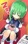  1girl bangs black_skirt blush closed_eyes coffee coffee_mug commentary_request cup eyebrows_visible_through_hair full_body green_hair hair_between_eyes holding holding_cup knees_together_feet_apart long_sleeves motion_lines mug no_hat no_headwear no_shoes shiki_eiki signature sitting skirt sleeping socks solo tirotata touhou white_legwear zzz 