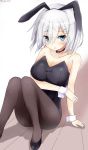  1girl animal_ears arm_support black_choker blue_eyes breasts bunnysuit choker cleavage full_body hamakaze_(kantai_collection) highres kantai_collection looking_at_viewer pantyhose pinoaisu rabbit_ears short_hair silver_hair sitting solo 