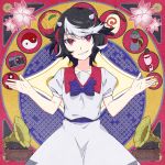  1girl black_hair camera doll dress flower futoumeido grin highres horns impossible_spell_card jizou kijin_seija kokeshi lantern looking_at_viewer lotus miracle_mallet multicolored_hair paper_lantern phonograph red_eyes short_hair smile solo touhou umbrella yin_yang 