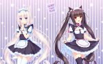  2girls :3 :d animal_ears apron artist_name bangs bell black_legwear blue_eyes blunt_bangs blush bow bowtie breasts brown_eyes brown_hair cat_band_legwear cat_ears cat_tail character_name chocola_(sayori) cleavage_cutout cowboy_shot frilled_apron frills hair_bow hair_ribbon hands_together heart highres jingle_bell long_hair looking_at_viewer low_twintails maid maid_headdress multiple_girls name_tag nekopara official_art open_mouth puffy_short_sleeves puffy_sleeves ribbon ribbon-trimmed_clothes ribbon_trim sayori short_sleeves skirt_hold slit_pupils small_breasts smile star starry_background striped tail thigh-highs twintails vanilla_(sayori) vertical-striped_background vertical_stripes very_long_hair waist_apron wallpaper white_hair white_legwear wrist_cuffs zettai_ryouiki 