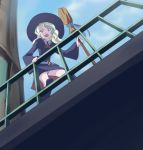  1girl blonde_hair blue_eyes broom diana_cavendish from_below haruyama_kazunori hat little_witch_academia looking_down open_mouth panties short_hair solo underwear wide_sleeves witch_hat 