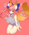 1girl animal_ears backless_outfit barefoot blush bow breasts dress fate/extra fate_(series) fox_ears fox_tail hair_bow halterneck heart impossible_clothes impossible_sweater kettle21 kneeling large_breasts long_hair looking_at_viewer no_bra open-back_dress pink_background pink_hair ribbed_sweater sidelocks simple_background smile solo sweater sweater_dress tail tamamo_(fate)_(all) tamamo_no_mae_(fate) turtleneck turtleneck_sweater twintails virgin_killer_sweater yellow_eyes
