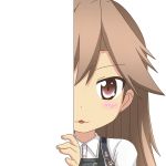  1girl :3 arashio_(kantai_collection) blush brown_eyes brown_hair commentary_request eyebrows_visible_through_hair kantai_collection long_hair looking_at_viewer nagineko peeking_out remodel_(kantai_collection) school_uniform solo transparent_background 