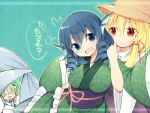  &gt;_&lt; +++ 3girls :d animal_ears blonde_hair blue_eyes blue_hair breasts closed_eyes detached_sleeves drill_hair frog frog_hair_ornament green_hair hair_ornament hair_ribbon hat head_fins japanese_clothes kimono kochiya_sanae large_breasts long_hair mermaid monster_girl moriya_suwako multiple_girls obi open_mouth ribbon sash short_hair smile tama_(soon32281) touhou translated wakasagihime xd yellow_eyes 