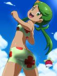  1girl :d ass awa bikini bounsweet clouds dark_skin green_eyes green_hair looking_back mallow_(pokemon) open_mouth pokemon pokemon_(anime) pokemon_(creature) pokemon_(game) pokemon_sm pokemon_sm_(anime) smile swimsuit 