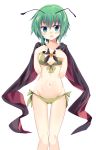  1girl antennae bangs bikini blush breasts cape front-tie_bikini front-tie_top green_bikini green_eyes green_hair groin highres looking_at_viewer maturiuta_sorato navel short_hair side-tie_bikini simple_background small_breasts swimsuit touhou white_background wriggle_nightbug 