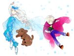  2boys anna_(frozen) anna_(frozen)_(cosplay) blonde_hair blue_eyes blue_rose braid cape child cosplay dog elsa_(frozen) elsa_(frozen)_(cosplay) flower frozen_(disney) green_eyes head_wreath ice_skates makkachin male_focus multiple_boys nechi774 olaf_(frozen) olaf_(frozen)_(cosplay) rose silver_hair single_braid skates snowflakes viktor_nikiforov younger yuri!!!_on_ice yuri_plisetsky 