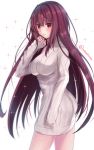  1girl ass blush breasts fate/grand_order fate_(series) highres large_breasts long_hair naked_sweater purple_hair red_eyes ribbed_sweater sad scathach_(fate/grand_order) solo sparkle sweater tanaji twitter_username 