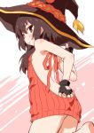  1girl akou_roushi ass backless_outfit black_gloves black_hair blush butt_crack dress fingerless_gloves gloves halterneck hat kono_subarashii_sekai_ni_shukufuku_wo! long_hair looking_at_viewer looking_back megumin naked_sweater open-back_dress red_eyes ribbed_sweater solo sweater sweater_dress turtleneck turtleneck_sweater virgin_killer_sweater witch_hat 