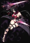  &gt;:) 1girl bare_shoulders black_gloves black_hair breasts cleavage dagger dual_wielding elbow_gloves full_body gloves gluteal_fold hair_ornament holding holding_sword holding_weapon kaori_hero large_breasts long_hair looking_at_viewer original panties parted_lips red_panties red_scarf reverse_grip scarf smile solo sword underwear waist_cape weapon 