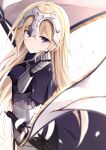  1girl armor bangs blonde_hair blurry breasts chains cleavage closed_mouth depth_of_field eyebrows_visible_through_hair fate/apocrypha fate_(series) faulds flag from_side gauntlets headpiece long_hair looking_at_viewer medium_breasts netarou petals ruler_(fate/apocrypha) scratching_cheek sheath sheathed simple_background smile solo sword upper_body violet_eyes weapon white_background 