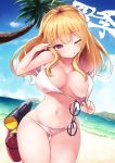  1girl bag beach blonde_hair breasts curvy dutch_angle facing_viewer flashlight glasses glasses_removed highres large_breasts long_hair looking_at_viewer navel one_eye_closed palm_tree red_eyes senran_kagura senran_kagura_(series) senran_kagura_shinovi_versus shiki_(senran_kagura) shishoo_(vanura) smile solo swimsuit tongue tongue_out tree wide_hips 