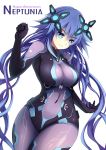  1girl blue_eyes bodysuit braid breasts choujigen_game_neptune covered_navel curvy euforia hair_ornament impossible_clothes large_breasts long_hair neptune_(choujigen_game_neptune) neptune_(series) next_purple power_symbol purple_hair purple_heart shin_jigen_game_neptune_vii skin_tight smile solo twin_braids very_long_hair waist white_background wide_hips 