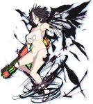 armpits bandage bare_legs barefoot bikini black_hair black_wings bow breasts cleavage curvy dark_persona dark_power energy_wings front-tie_bikini front-tie_top huge_breasts miyabi_(senran_kagura) multicolored_hair navel official_art one_eye_closed senran_kagura_(series) senran_kagura_peach_beach_splash smile swimsuit thighs toy_gun two-piece_swimsuit two-tone_hair under_boob vulcan water_gun white_bikini white_hair white_swimsuit wings yellow_eyes