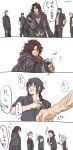  4koma 5boys ardyn_izunia black_hair black_shirt blonde_hair bloopers brown_hair coat coin_flip comic crossed_arms final_fantasy final_fantasy_xv gladiolus_amicitia glasses gloves highres ignis_scientia long_hair multiple_boys noctis_lucis_caelum pentsu prompto_argentum shirt short_hair tossing translation_request 