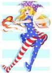  1girl american_flag_dress american_flag_legwear blonde_hair blush_stickers breasts clownpiece dress eichi_yuu fairy_wings fire full_body hat highres jester_cap long_hair medium_breasts neck_ruff open_mouth pantyhose pink_eyes polka_dot short_dress short_sleeves smile solo star star_print striped striped_background torch touhou wings 