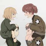  4girls alisa_(girls_und_panzer) angry black_hair blonde_hair blue_eyes brown_eyes brown_hair carrying chimaki_(u9works) face-to-face fang freckles girls_und_panzer green_jacket jacket katyusha military military_uniform multiple_girls naomi_(girls_und_panzer) nonna profile short_twintails shoulder_carry shouting simple_background twintails uniform 