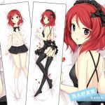  1girl bed_sheet black_dress black_legwear black_panties black_ribbon black_skirt dakimakura dress from_above garter_straps headdress kneehighs looking_at_viewer love_live! love_live!_school_idol_project lying nishikino_maki on_back on_stomach open-back_dress panties pleated_skirt redhead ribbon shirt skirt thigh-highs underwear verjuice violet_eyes white_legwear white_shirt 