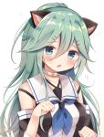  1girl :o animal_ears aqua_eyes aqua_hair bangs black_ribbon blue_eyes blush breasts cat_ears choker collarbone detached_sleeves eyebrows_visible_through_hair fang green_hair hair_between_eyes hair_ornament hair_ribbon hairclip highres kantai_collection kemonomimi_mode long_hair looking_at_viewer masayo_(gin_no_ame) neckerchief open_mouth parted_bangs paw_pose ponytail ribbon school_uniform serafuku sidelocks simple_background small_breasts solo upper_body white_background yamakaze_(kantai_collection) 