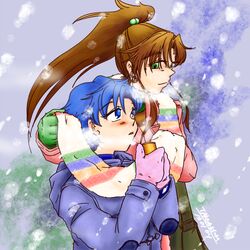  2girls bishoujo_senshi_sailor_moon blue_eyes blue_hair blush bow brown_hair coat cold cup gloves green_eyes kino_makoto long_hair masa_takeaki mittens mizuno_ami multiple_girls ponytail scarf shared_scarf snowing steam yuri 