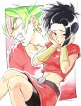  1girl bike_shorts black_eyes black_hair blank_eyes blush breasts clenched_teeth crop_top dragon_ball dragon_ball_super dual_persona earrings face_in_hands fembroly green_hair hoop_earrings jewelry lips midriff navel parted_lips projected_inset red_skirt shiny shiny_clothes shiny_hair short_hair skirt super_saiyan sweatdrop teeth vambraces yawakkooi 
