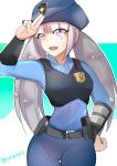  1girl belt body_armor contrapposto grey_hair hand_on_hip hat highres judy_hopps kowaremashita long_hair open_mouth personification pink_eyes police police_badge police_hat police_uniform policewoman pouch salute smile solo twintails uniform zootopia 