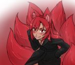  1girl animal_ears artist_check blush dark_skin eyebrows_visible_through_hair fox_ears fox_tail gradient gradient_background hands_on_hips highres leaning_forward less long_hair multiple_tails original raised_eyebrows red_eyes redhead robe sash smile solo tail 