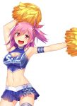  1girl :d armband armpits arms_up breasts cheerleader cleavage cleavage_cutout contrapposto cowboy_shot hair_between_eyes hair_ornament highres horosuke_(toot08) medium_breasts midriff miniskirt navel one_side_up open_mouth original pink_eyes pink_hair pom_poms shiny shiny_skin simple_background skirt smile solo thigh-highs white_background white_legwear 