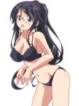  1girl bangs black_bra black_hair black_panties bow bow_bra bow_panties bra breasts character_request cleavage commentary_request cowboy_shot glasses kikuchi_tsutomu lace lace-trimmed_bra lace-trimmed_panties leaning_forward long_hair looking_at_viewer medium_breasts open_mouth panties round_glasses saito-kun_wa_esper_rashii simple_background smile solo standing underwear underwear_only white_background 