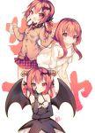  &gt;:) &gt;:d 1girl :3 :d bangs bare_shoulders bat_hair_ornament black_gloves black_ribbon black_shirt black_wings blush breasts buttons cardigan choker claw_pose cleavage closed_mouth clothes_writing collared_shirt colored_eyelashes demon_girl demon_horns demon_wings dress elbow_gloves food gabriel_dropout gloves hair_ornament hair_rings hand_on_own_face holding horns kurumizawa_satanichia_mcdowell leaning_forward long_hair long_sleeves looking_at_viewer low_twintails miniskirt multiple_views necktie open_mouth parted_lips plaid plaid_skirt pleated_skirt pocket red_necktie red_skirt redhead ribbon shiny shiny_hair shirt short_sleeves signature skirt sleeveless sleeveless_dress small_breasts smile smirk t-shirt tongue twintails utm v white_background white_shirt wings 
