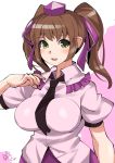  1girl bangs black_necktie blush breasts brown_hair dress_shirt frilled_shirt_collar frills green_eyes hair_ribbon hat highres himekaidou_hatate large_breasts long_hair necktie parted_lips pointy_ears pom_pom_(clothes) puffy_short_sleeves puffy_sleeves purple_ribbon ribbon shirt short_sleeves smile solo tokin_hat touhou twintails umigarasu_(kitsune1963) upper_body 