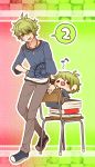  2boys amami_rantarou arm_rest blue_shirt book book_stack brown_pants chair chibi countdown dangan_ronpa denim dual_persona ear_piercing gradient gradient_background green_background green_eyes green_hair hand_on_hip jeans jewelry looking_at_another male_focus multiple_boys musical_note necklace new_dangan_ronpa_v3 open_mouth pants piercing pink_background semiquaver shirt shoes short_hair simple_background sitting sitting_backwards smile sneakers spoken_number striped striped_shirt sweat wavy_mouth wristband yumaru_(marumarumaru) 