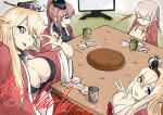  5girls absurdres aquila_(kantai_collection) auburn_hair blonde_hair breasts cleavage closed_eyes crown cup graf_zeppelin_(kantai_collection) grin happy_new_year headgear highres iowa_(kantai_collection) kantai_collection kotatsu large_breasts long_hair mini_crown multiple_girls new_year one_eye_closed open_mouth orange_hair robe saratoga_(kantai_collection) sidelocks smile solid_oval_eyes star star-shaped_pupils symbol-shaped_pupils table television tongue tongue_out twintails v warspite_(kantai_collection) zaimoku_(244138514) 