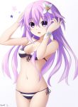  1girl :3 :d adult_neptune alternate_costume arms_up artist_name bikini black_ribbon blush breasts choujigen_game_neptune cleavage cowboy_shot eyebrows_visible_through_hair female flower front-tie_bikini front-tie_top hair_between_eyes hair_flower hair_ornament keenh long_hair looking_at_viewer medium_breasts navel neptune_(choujigen_game_neptune) neptune_(series) open_mouth purple_hair ribbon shin_jigen_game_neptune_vii side-tie_bikini simple_background smile solo standing stomach straight_hair striped striped_bikini swimsuit tareme thigh_gap violet_eyes white_background wristband 