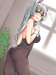 1girl adyisu animal_ears aqua_eyes ass bangs bare_shoulders black_legwear black_leotard blurry blush breasts bunny_tail bunnysuit crying crying_with_eyes_open depth_of_field dutch_angle embarrassed eyebrows_visible_through_hair fake_tail hand_up indoors large_breasts long_hair looking_at_viewer looking_back open_mouth original pantyhose plant rabbit_ears silver_hair solo standing tail tears thighs twitter_username window wrist_cuffs 