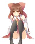  1girl ascot black_legwear blush bow brown_hair detached_sleeves hair_bow hair_tubes hakurei_reimu japanese_clothes knees_up liya long_hair long_sleeves looking_at_viewer miko panties pantyshot pantyshot_(sitting) parted_lips red_bow red_eyes sidelocks sitting solo thigh-highs touhou underwear white_panties wide_sleeves 