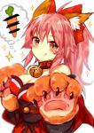  1girl :p animal_ears bell bell_collar blurry blush_stickers breasts carrot censored censored_food claws cleavage collar depth_of_field fate/grand_order fate_(series) fox_ears hair_ribbon highres large_breasts long_hair looking_at_viewer paws pink_hair ribbon solo sparkle sukemyon tamamo_(fate)_(all) tamamo_cat_(fate) tongue tongue_out upper_body yellow_eyes 