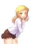  1girl blonde_hair demi-chan_wa_kataritai double_bun dress_shirt fang leaning_forward long_hair looking_at_viewer miniskirt open_mouth pleated_skirt rizihike school_uniform shirt skirt smile solo takanashi_hikari v vampire white_background white_shirt yellow_eyes 