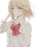  1girl blonde_hair blue_eyes hiro_(hirohiro31) original short_hair simple_background solo wind 